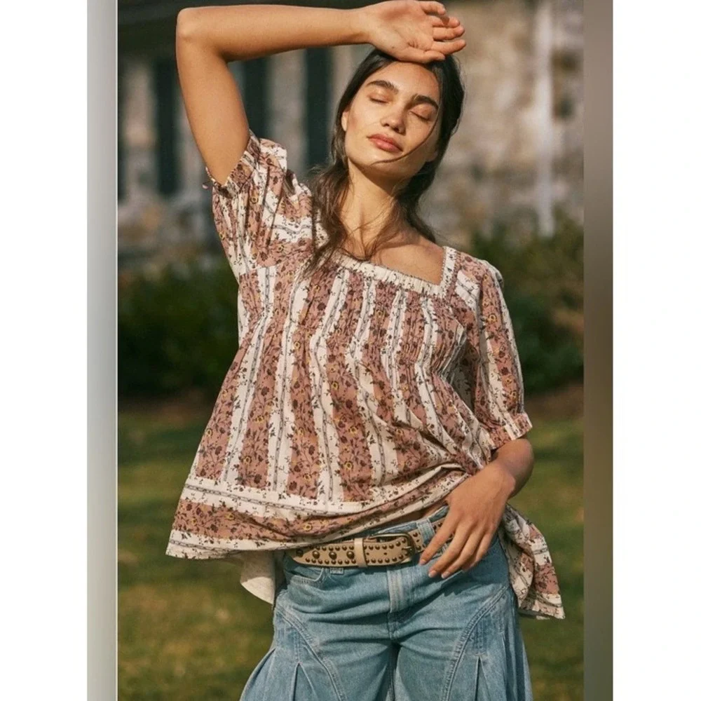 Free People Vintage Lover Floral Striped Puff Cotton Blouse L Cottagecore Boho